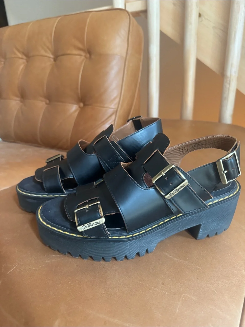 Dr. Martens Ariel Vintage Smooth Black Leather Buckle Platform Sandals